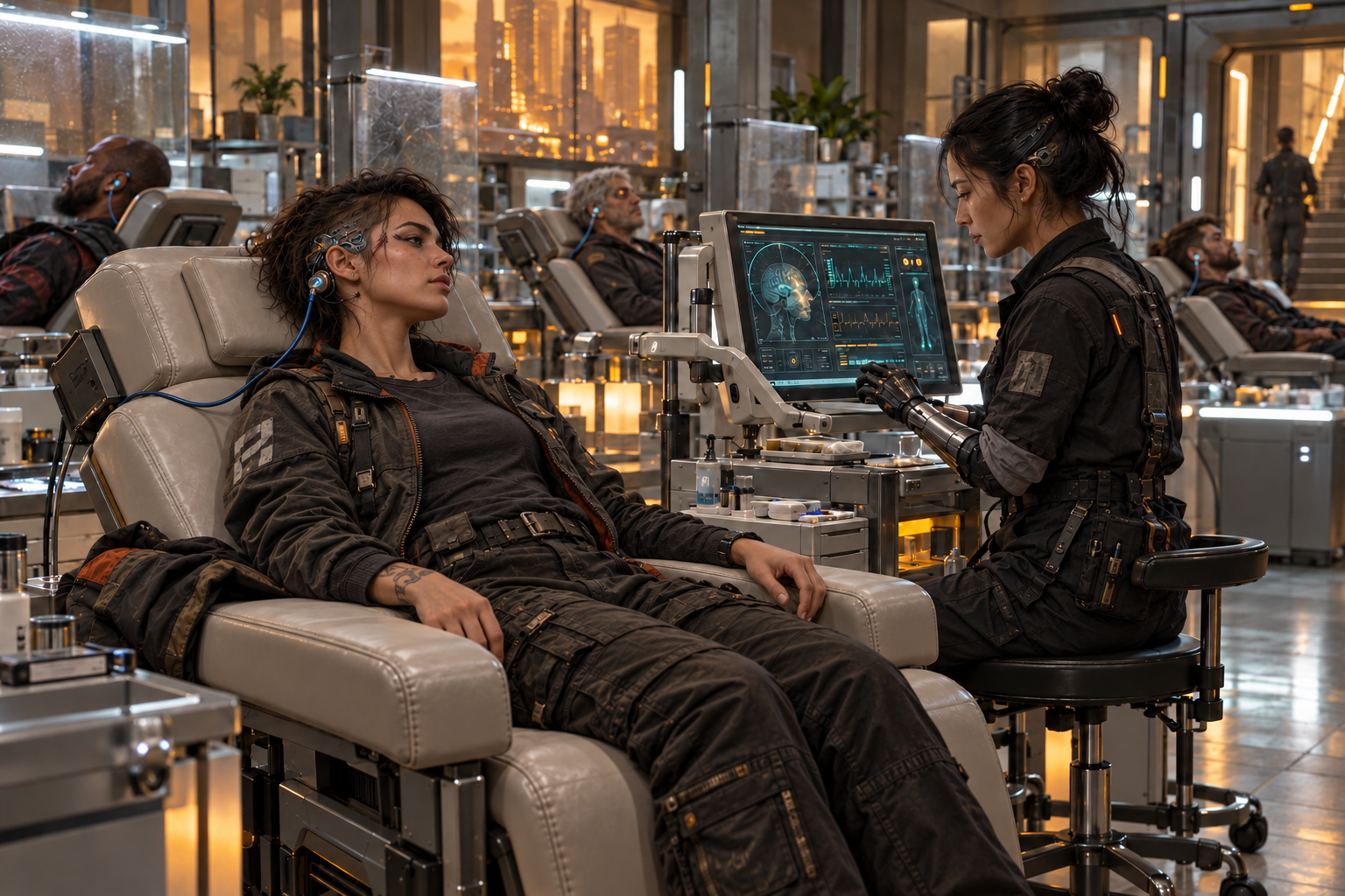 An awake runner receives MedLink treatment through a neural cable behind her ear while a technician with a prosthetic hand monitors the session